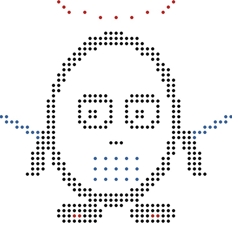 SPUDS dot character with blue accents and red antennas